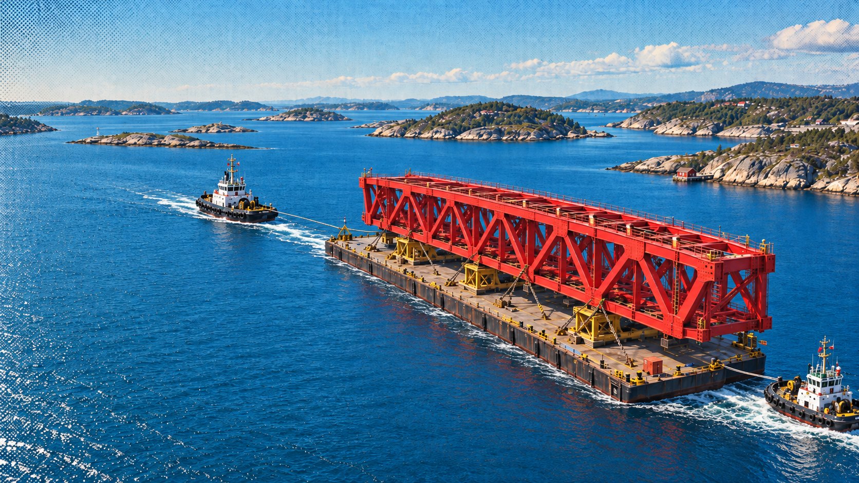 A red steel bridge section on a barge, towed by two tugs between granite islands on the Norwegian coast.